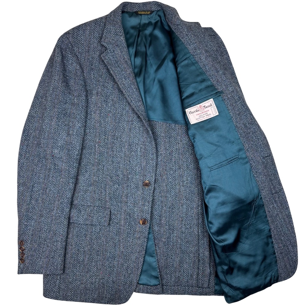 Vintage Harris Tweed John Weitz Union Made Blue‎ Herringbone Wool Blazer USA